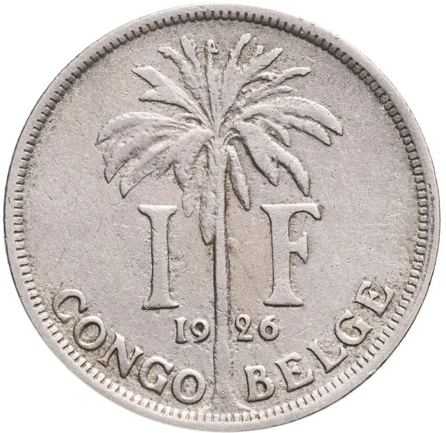 Бельгийское Конго 1 франк (franc) 1926 Надпись на французском - 'ALBERT ROI DES BELGES', реверс