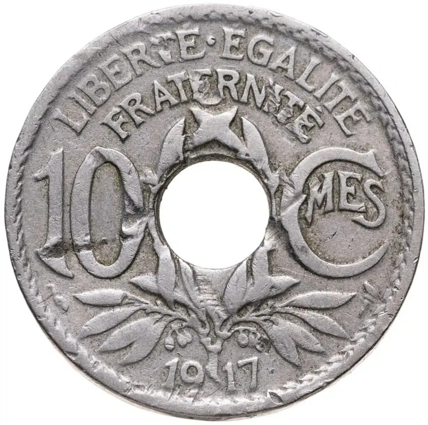 Франция 10 сантимов (centimes) 1917  Отверстие в центре, аверс