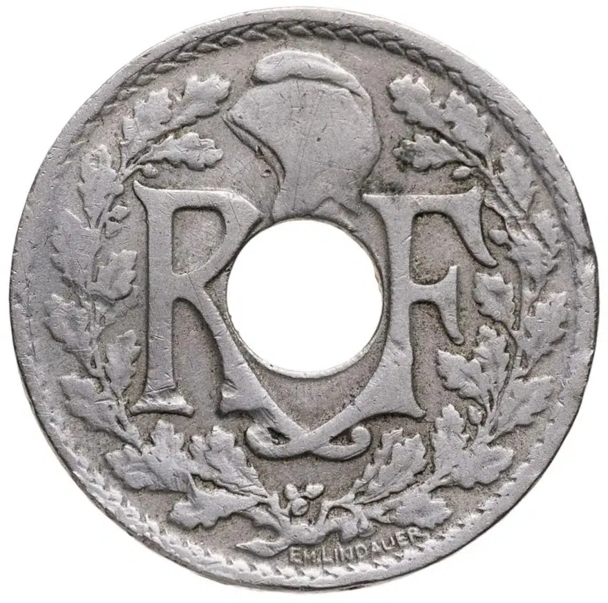 Франция 10 сантимов (centimes) 1917  Отверстие в центре, реверс
