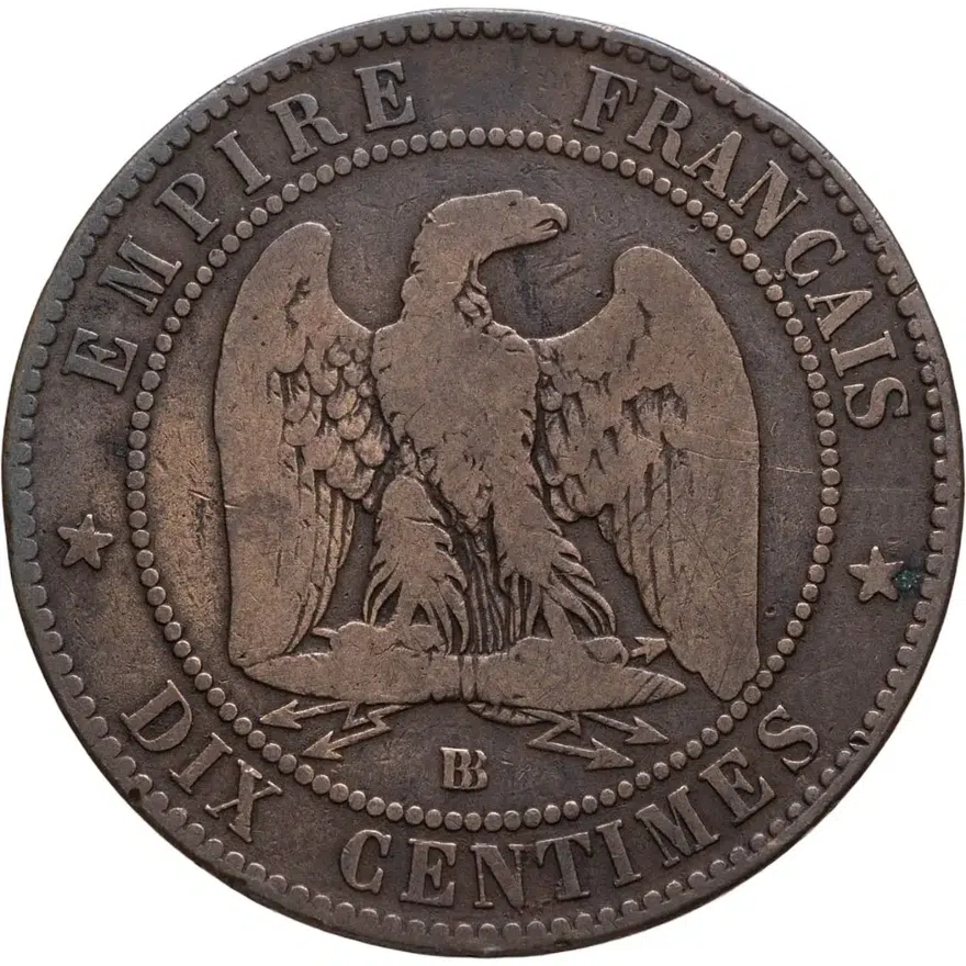 Франция 10 сантимов (centimes) 1853 BB  знак монетного двора: "BB" - Страсбург, реверс