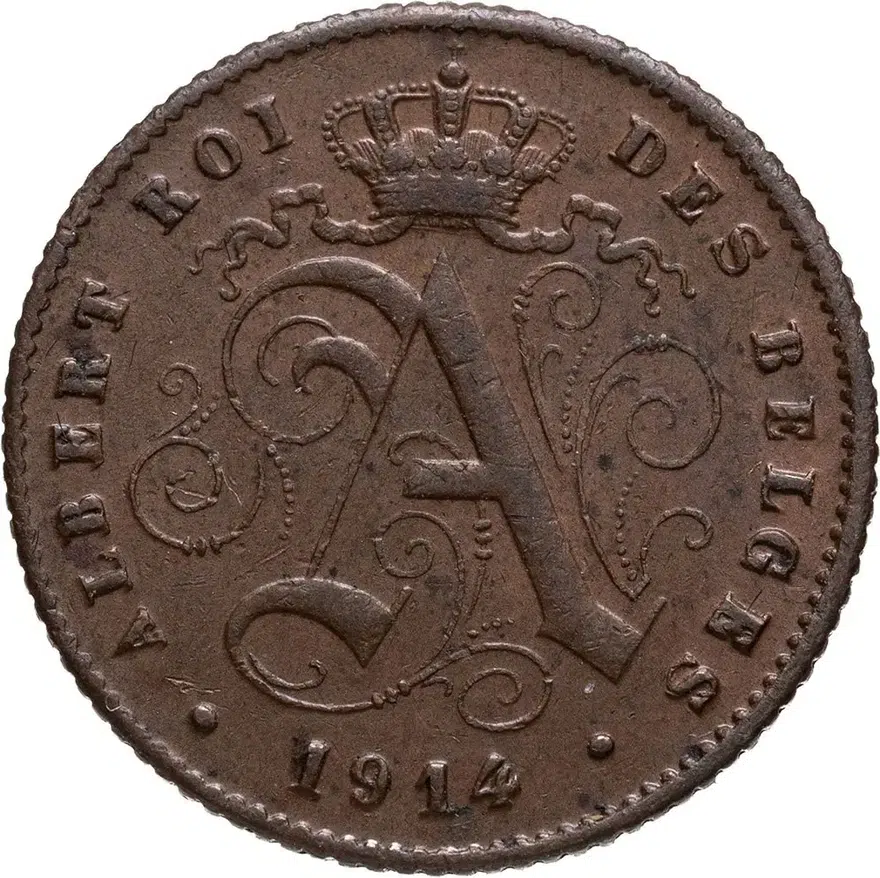 Бельгия 1 сантим (centime) 1914  Надпись на французском - 'ALBERT ROI DES BELGES'