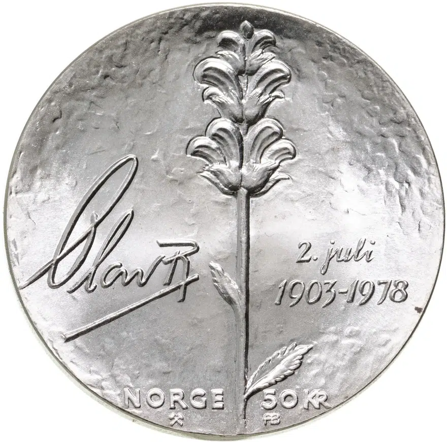 Норвегия 50 крон (kroner) 1978  75 лет со для рождения Короля Улафа V