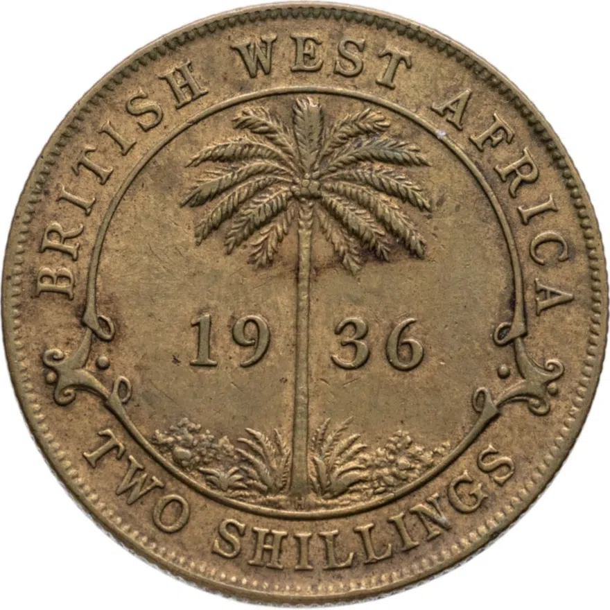 Британская Западная Африка 2 шиллинга (shillings) 1936 знак монетного двора: "H" - Хитон, Бирмингем, аверс
