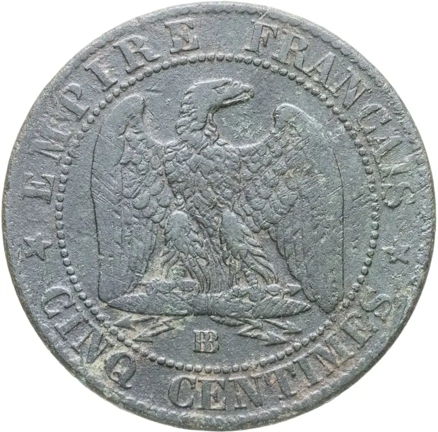 Франция 5 сантимов (centimes) 1855 BB  знак монетного двора: "BB" - Страсбург, реверс