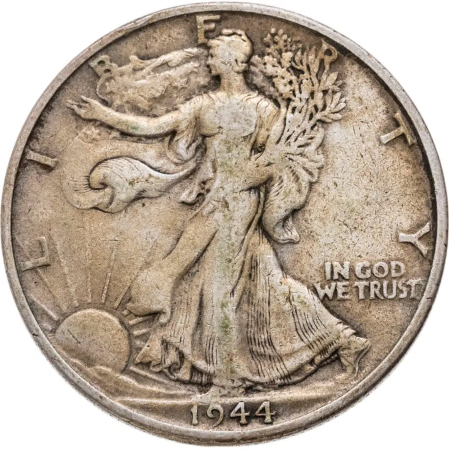 США 50 центов (1/2 доллара, half dollar) 1944 S Walking Liberty Half Dollar знак монетного двора: "S" - Сан-Франциско, аверс