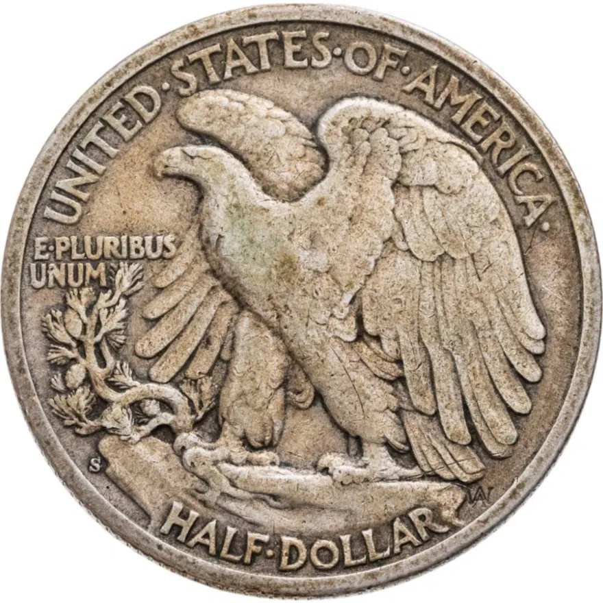 США 50 центов (1/2 доллара, half dollar) 1944 S Walking Liberty Half Dollar знак монетного двора: "S" - Сан-Франциско, реверс
