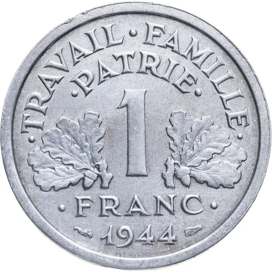 Франция 1 франк (franc) 1944  ÉTAT FRANÇAIS Без отметки монетного двора, реверс