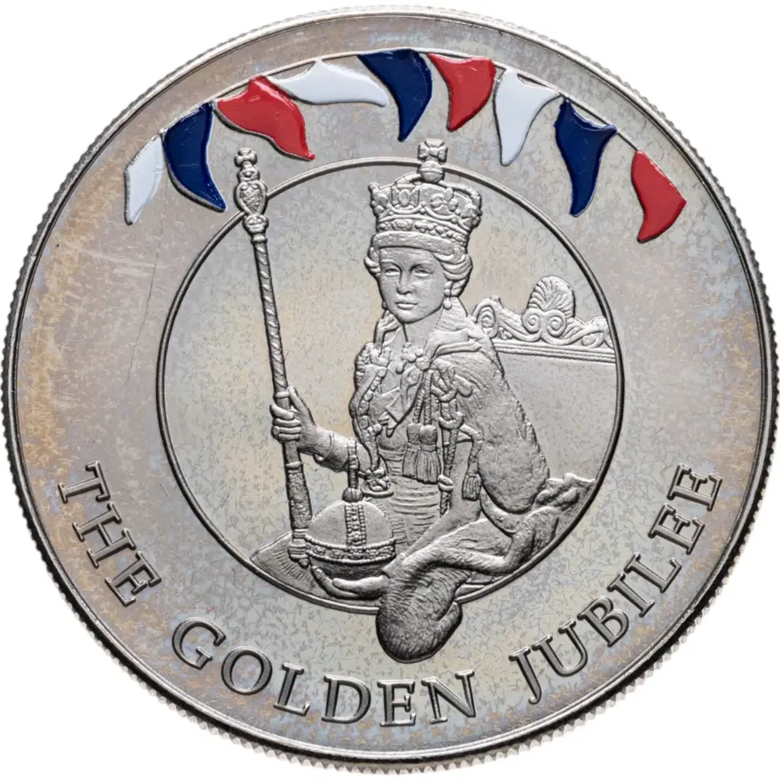 Фолклендские острова 50 пенсов (pence) 2002 "50 лет правлению Королевы Елизаветы II, на троне" цветное покрытие