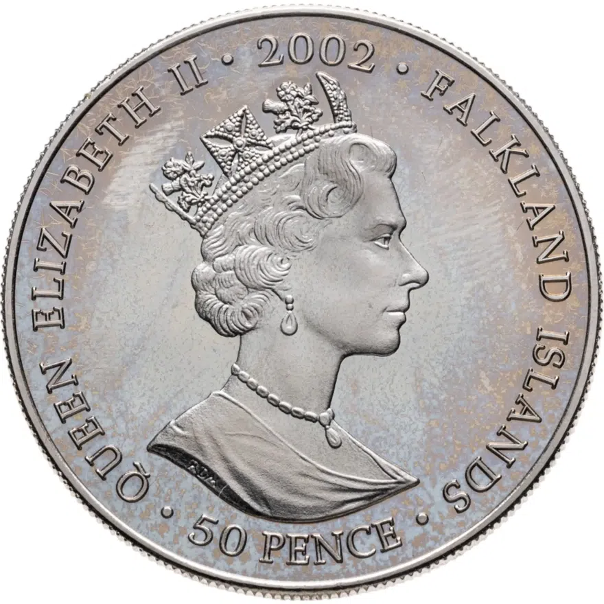 Фолклендские острова 50 пенсов (pence) 2002 "50 лет правлению Королевы Елизаветы II, на троне" цветное покрытие, реверс