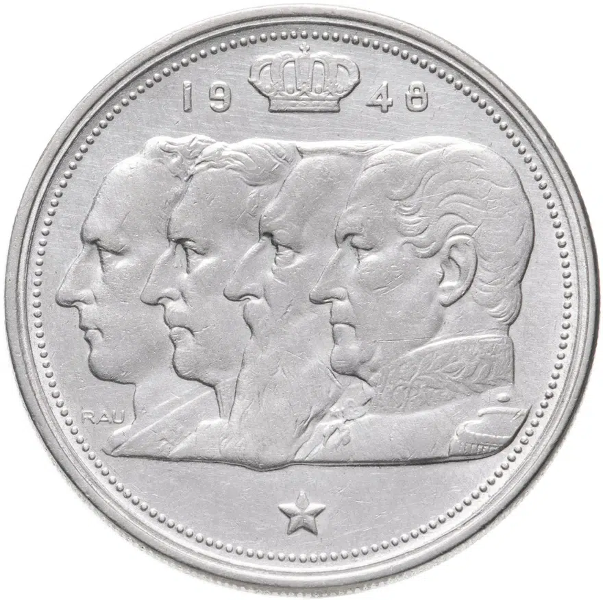 Бельгия 100 франков (francs) 1948  Надпись на французском - 'BELGIQUE' Монетное отношение аверс/реверс (180°)