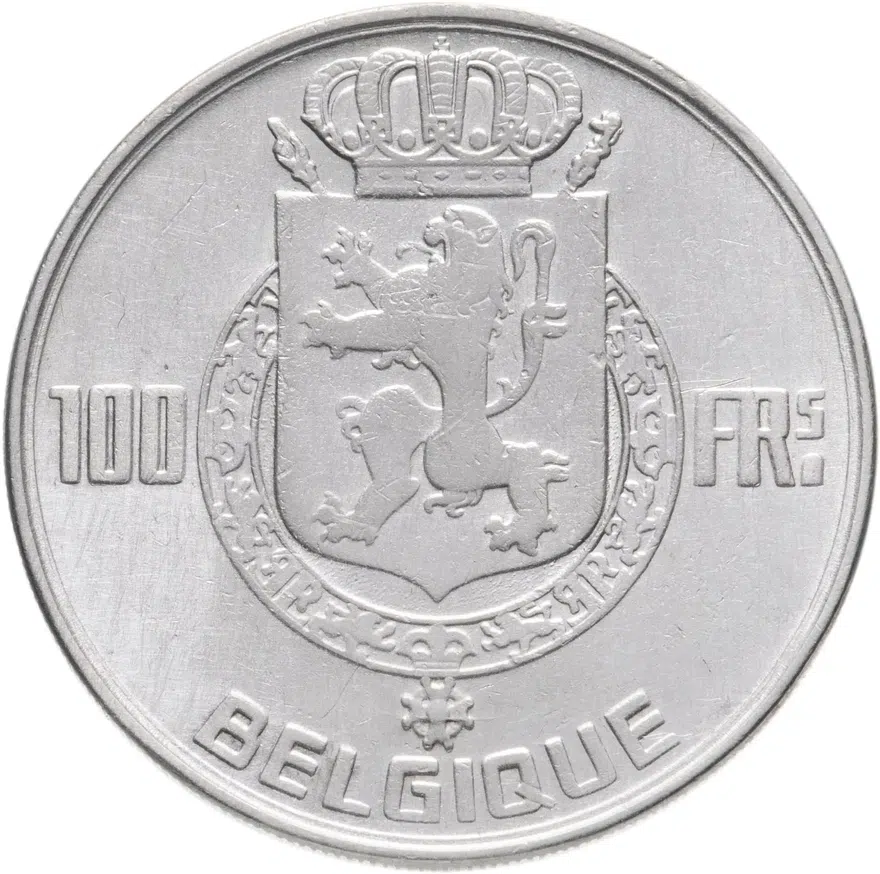 Бельгия 100 франков (francs) 1948  Надпись на французском - 'BELGIQUE' Монетное отношение аверс/реверс (180°), реверс