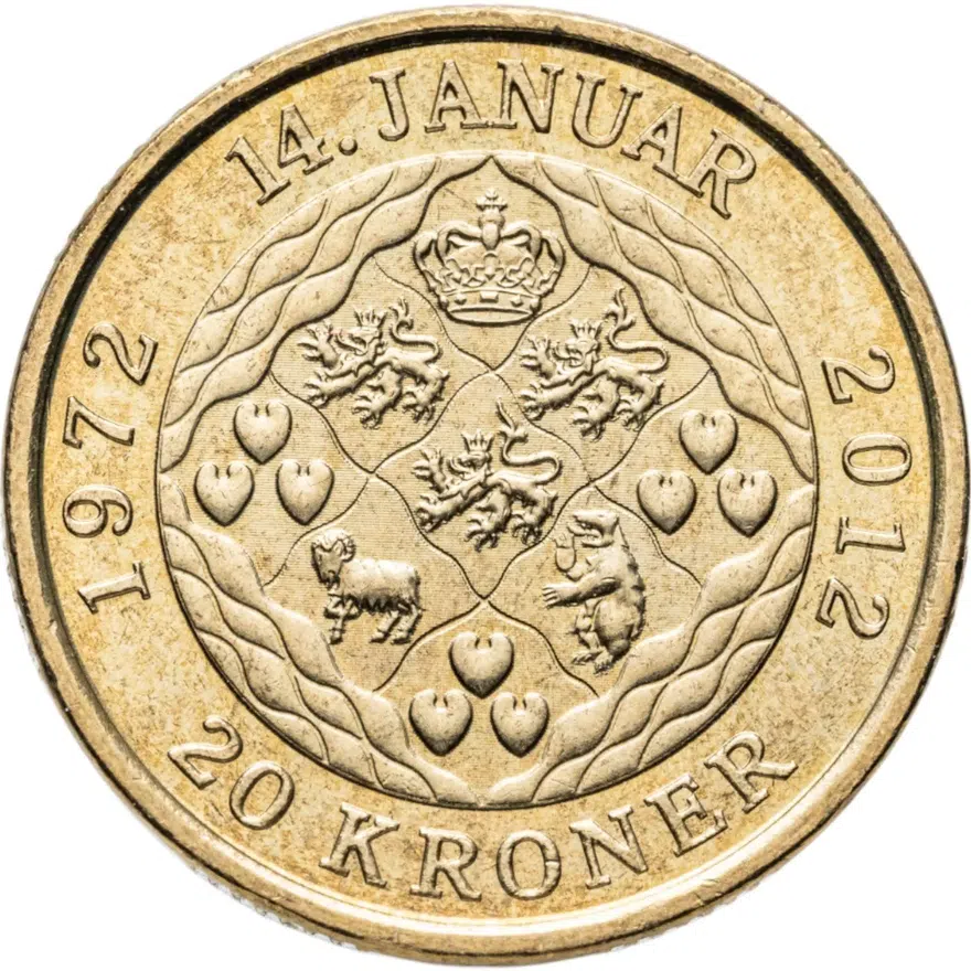 Дания 20 крон (kroner) 2012  40 лет со дня коронации Королевы Маргреты II, реверс