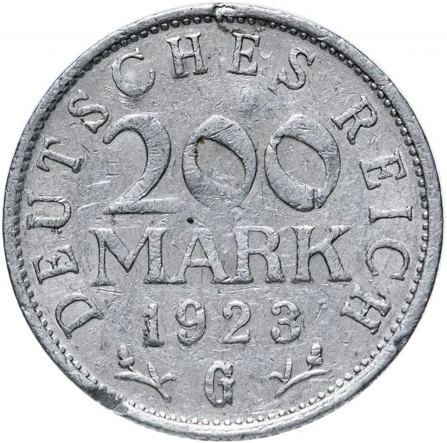 Германия 200 марок 1923 G знак монетного двора "G" — Карлсруэ Германия, реверс