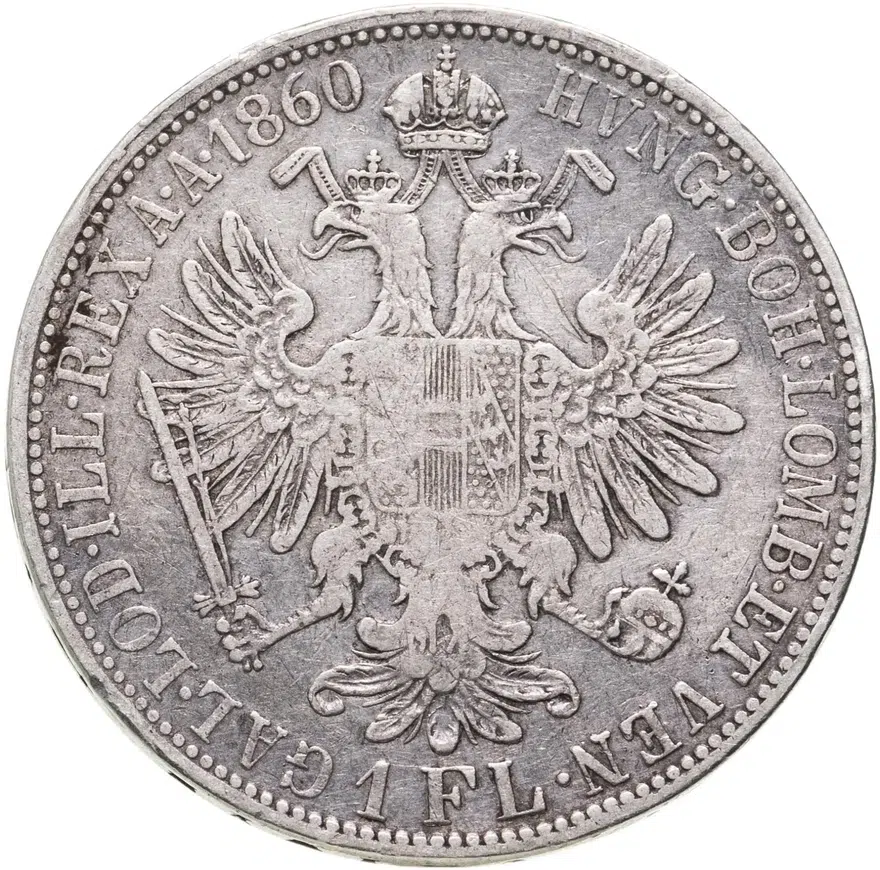 Австрия 1 флорин (florin) 1860 A  знак монетного двора "A" - Вена, реверс