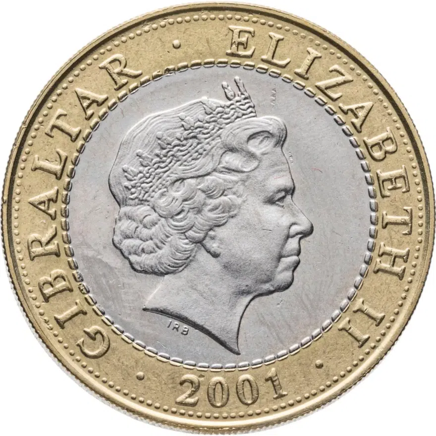 Гибралтар 2 фунта (pounds) 2001 "200 лет флагу Великобритании (Union Jack)", реверс