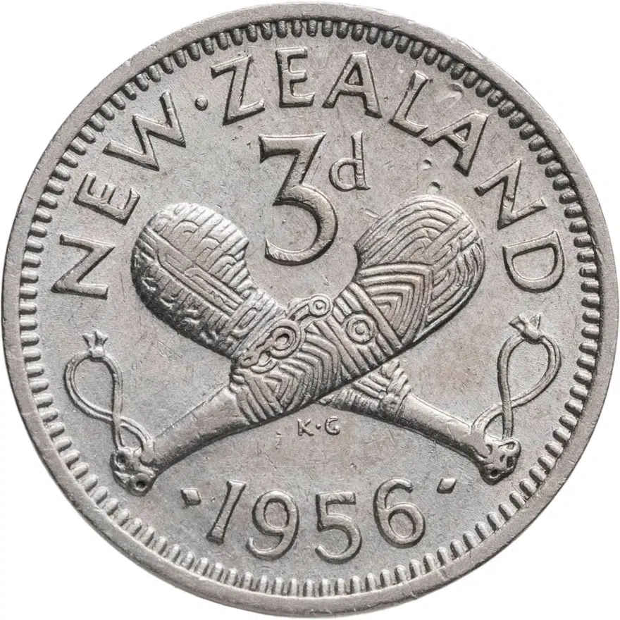 Новая Зеландия 3 пенса (pence) 1956   с ремнём на плече, реверс