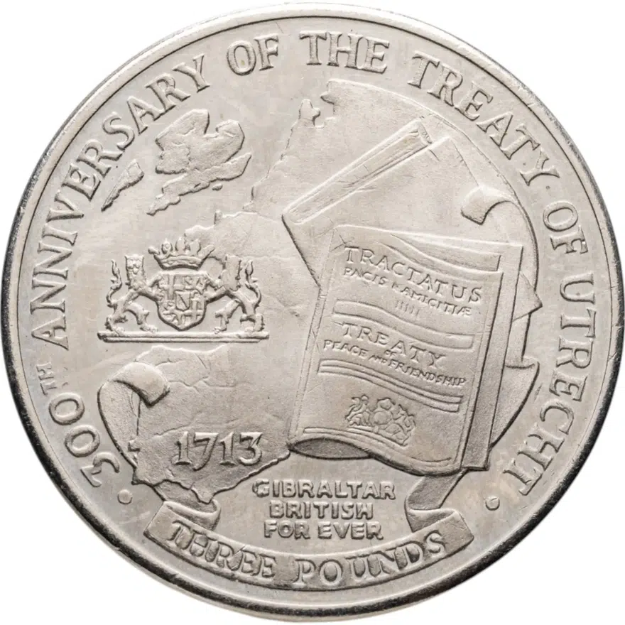 Гибралтар 3 фунта (pounds) 2013  300 лет Утрехтскому мирному договору, аверс