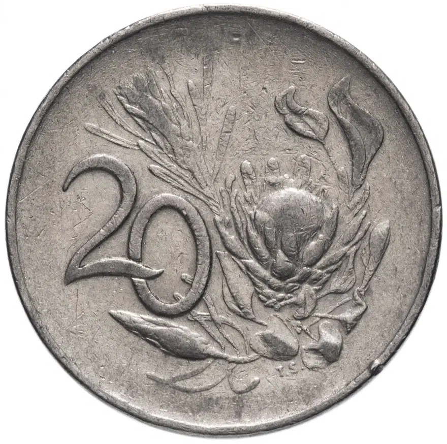 ЮАР 20 центов (cents) 1965    надпись на языке африкаанс "SUID-AFRIKA", реверс