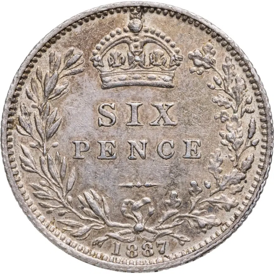 Великобритания, королева Виктория 6 пенсов (pence) 1887 новый портрет с короной, аверс