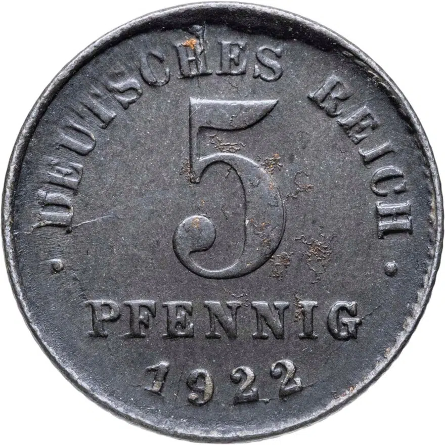 Германия 5 пфеннигов (pfennig) 1922 D  знак монетного двора: "D" - Мюнхен