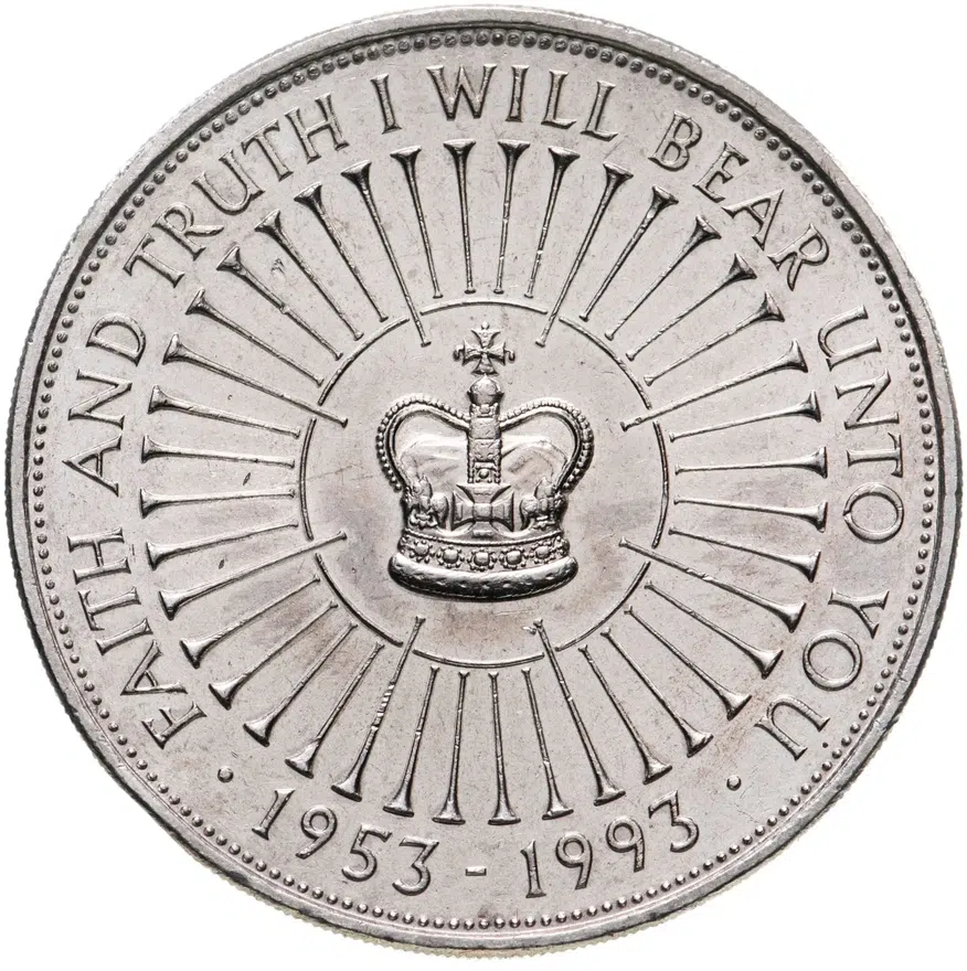 Великобритания 5 фунтов (pounds) 1993  40 лет правления Елизаветы II