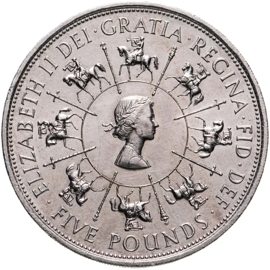 Великобритания 5 фунтов (pounds) 1993  40 лет правления Елизаветы II, реверс