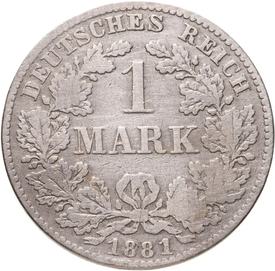 Германия 1 марка (mark) 1881 H знак монетного двора: "H" - Дармштадт, аверс