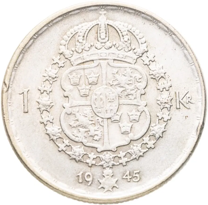Швеция 1 крона (krona) 1945   знак минцмейстера "G" - Альф Грабе, реверс