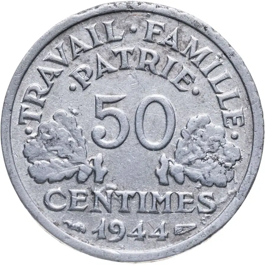 Франция 50 сантимов (centimes) 1944 C ÉTAT FRANÇAIS знак монетного двора: "C" - Кастельсарразен, аверс