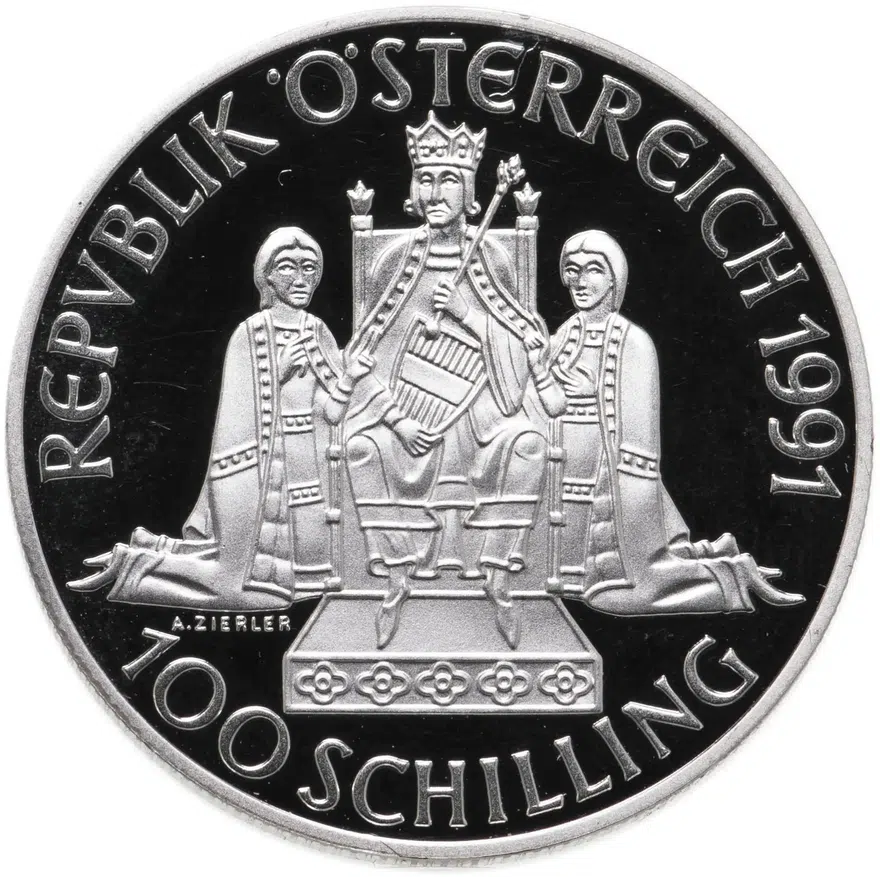 Австрия 100 шиллингов (shillings) 1991 "Рудольф I Габсбург" в футляре с сертификатом, реверс