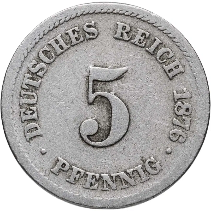 Германия 5 пфеннигов (pfennig) 1876 J  знак монетного двора: "J" - Гамбург