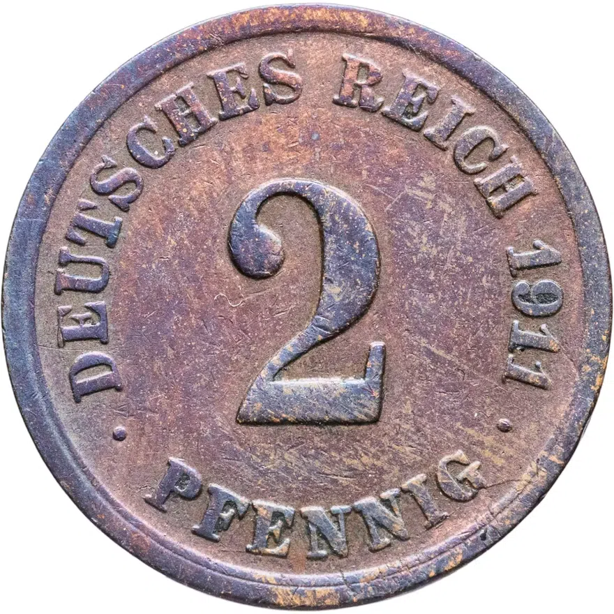 Германия 2 пфеннига (pfennig) 1911 F  знак монетного двора: "F" - Штутгарт, аверс