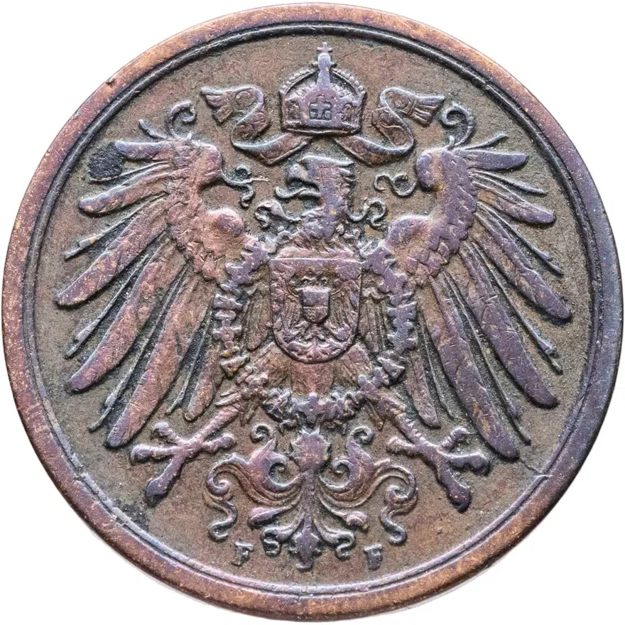 Германия 2 пфеннига (pfennig) 1911 F  знак монетного двора: "F" - Штутгарт, реверс