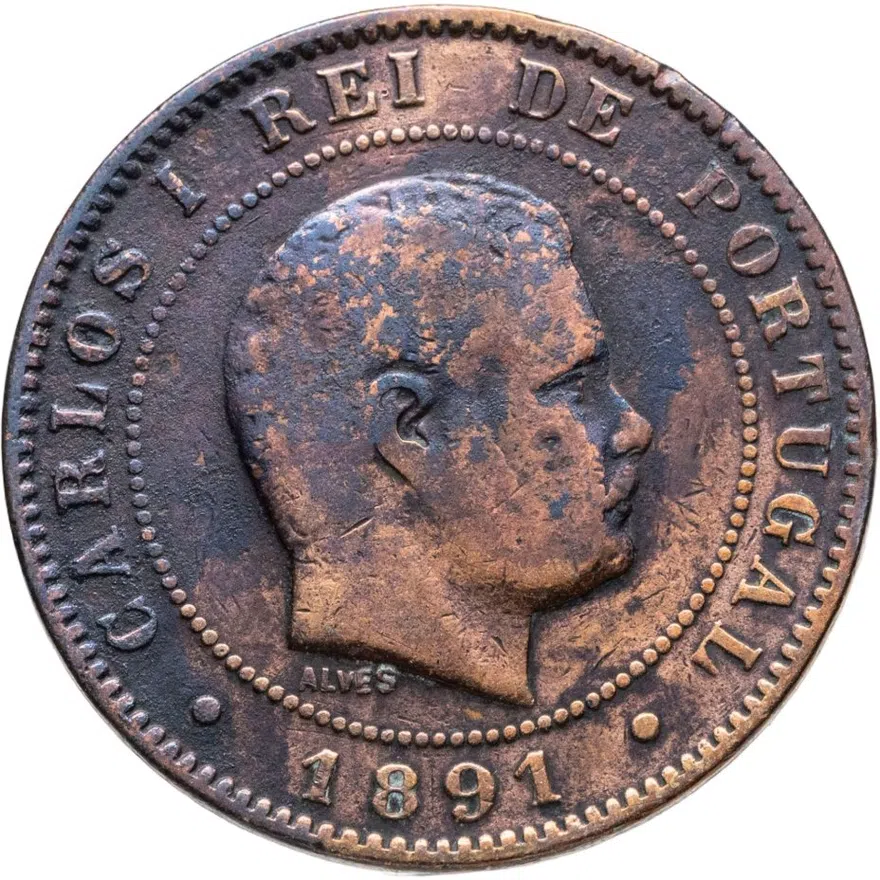 Португалия 10 реалов (рейс, reis) 1891 A  знак монетного двора: "A" - Париж, Франция, аверс