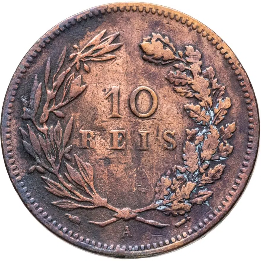 Португалия 10 реалов (рейс, reis) 1891 A  знак монетного двора: "A" - Париж, Франция, реверс