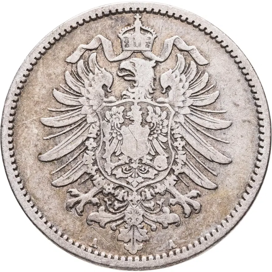 Германия 1 марка (mark) 1876 A  знак монетного двора: "A" - Берлин, реверс