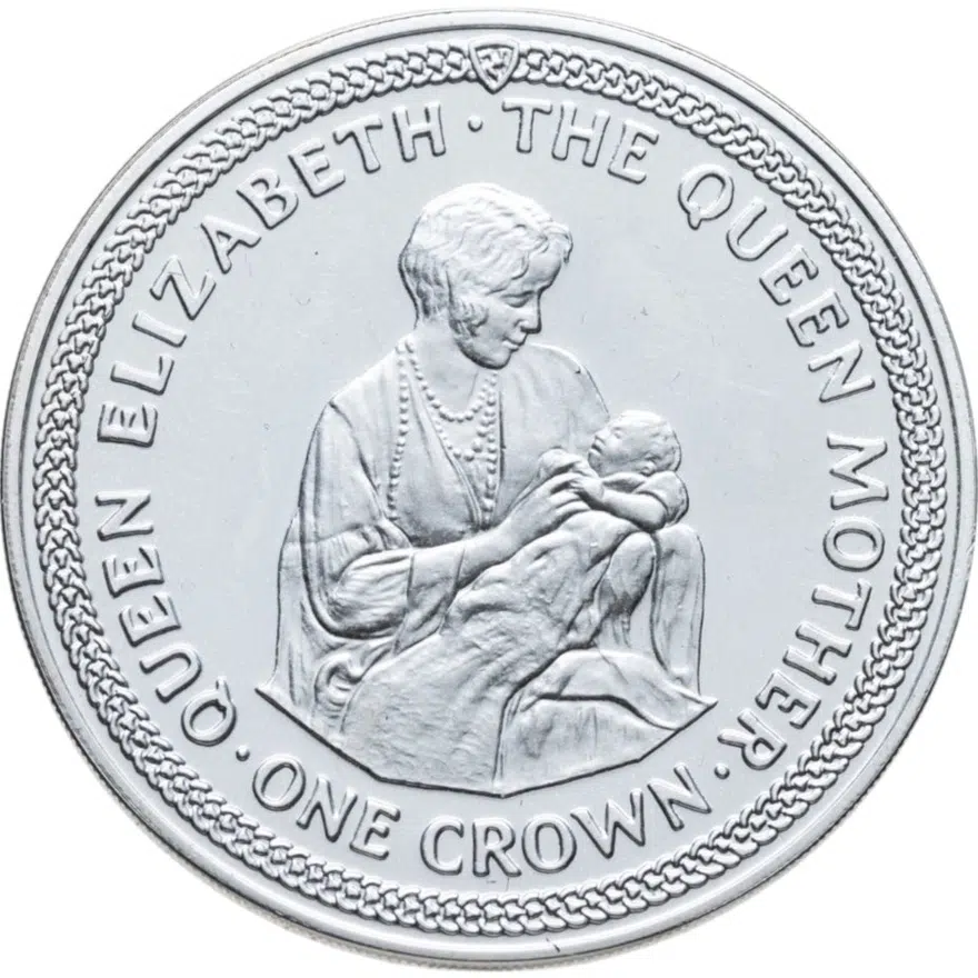 Остров Мэн 1 крона (crown) 1985 BUNC 85 лет со дня рождения Королевы Матери - новорожденная Елизавета II, аверс