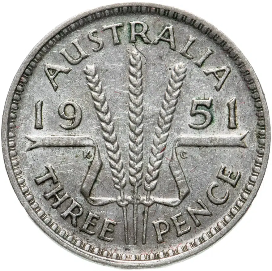 Австралия 3 пенса (pence) 1951   Без отметки монетного двора, аверс