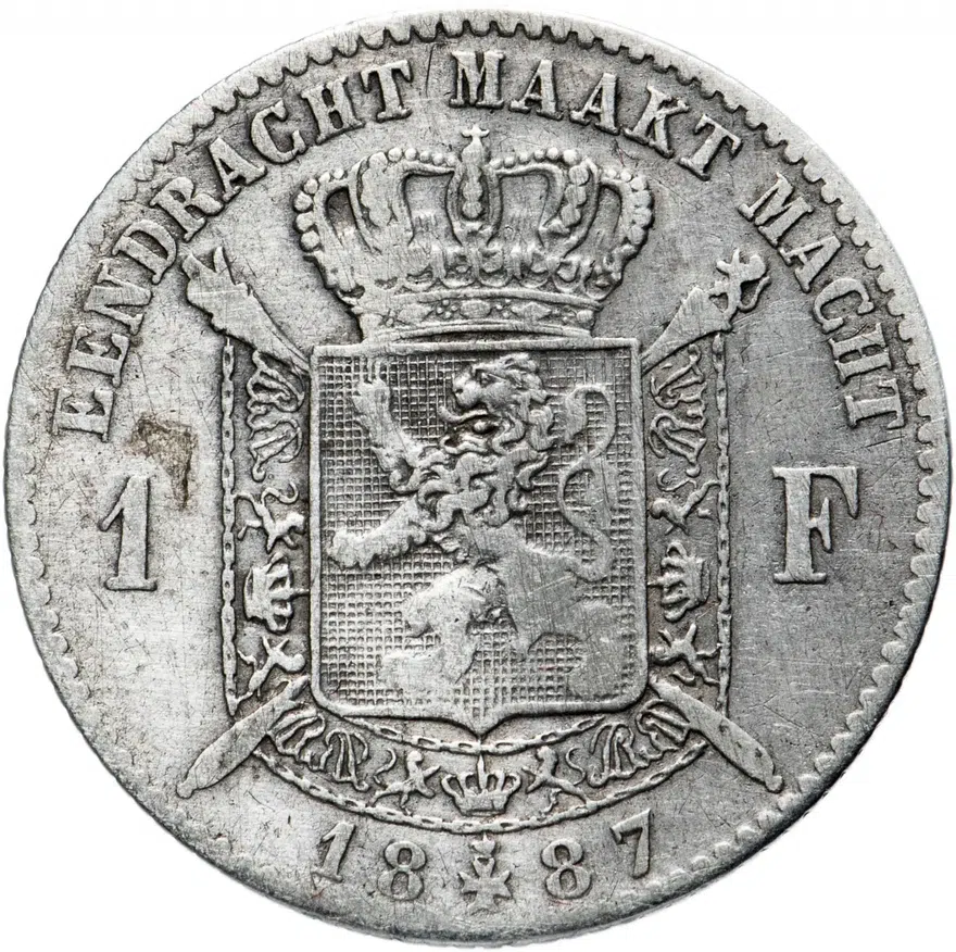 Бельгия 1 франк (franc) 1887 Надпись на голландском - 'DER BELGEN'