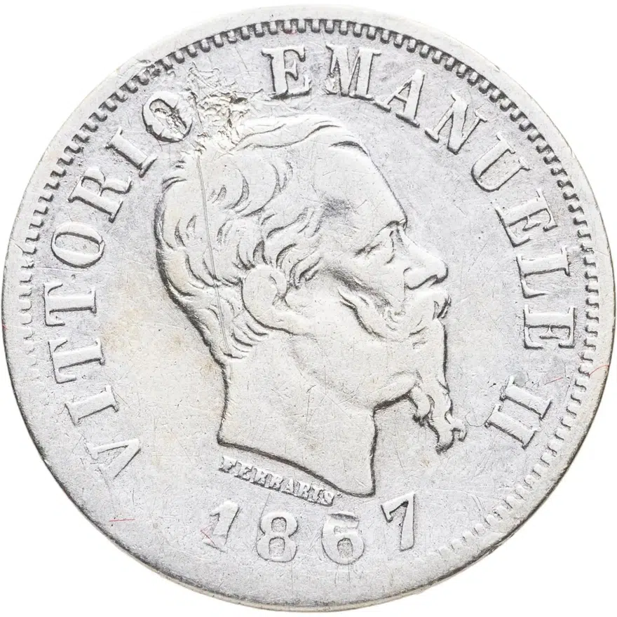 Италия 50 чентезимо (centesimi) 1867 M  знак монетного двора: "M" - Милан, аверс