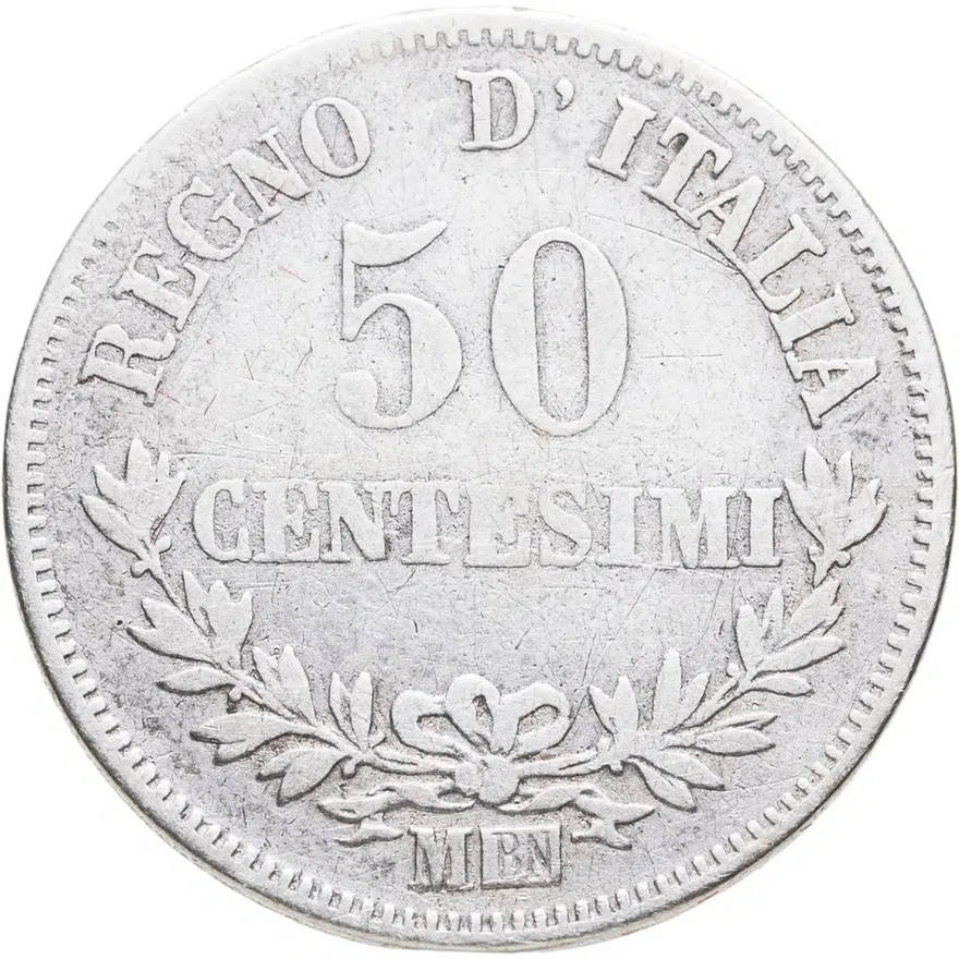 Италия 50 чентезимо (centesimi) 1867 M  знак монетного двора: "M" - Милан, реверс