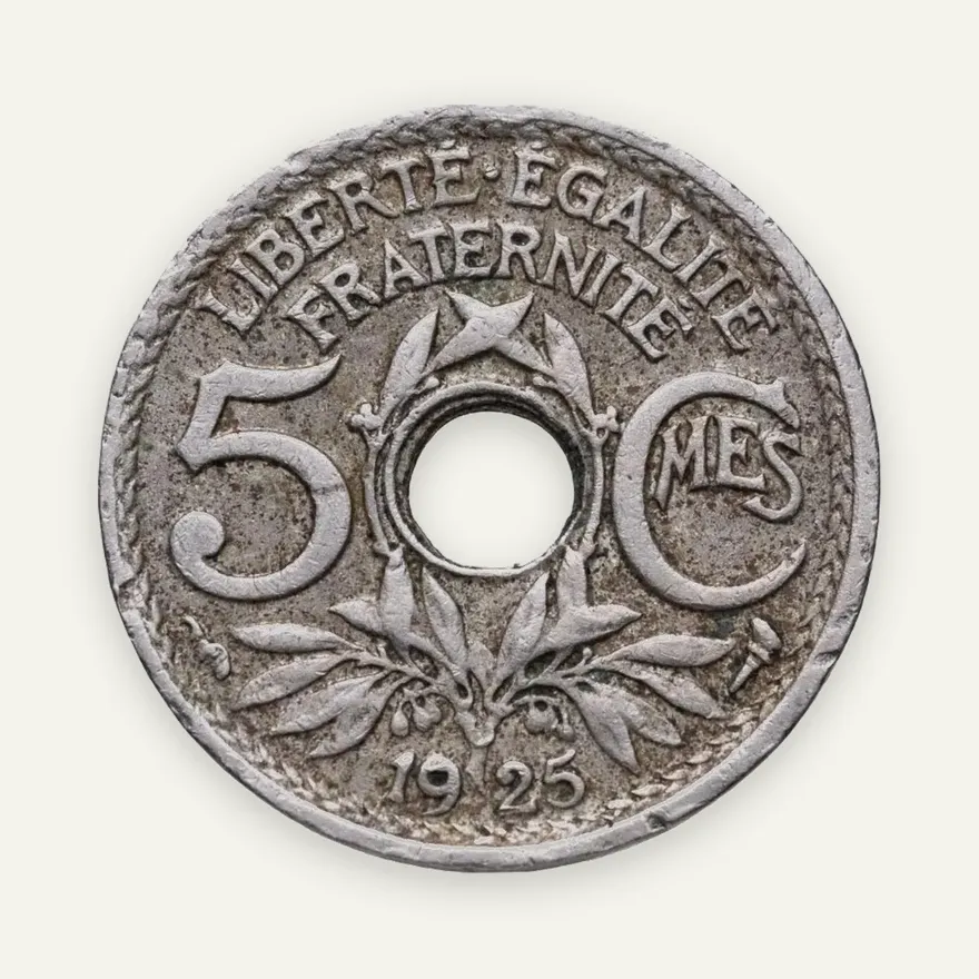 Франция 5 сантимов (centimes) 1925  Новый тип: Отверстие в центре, аверс