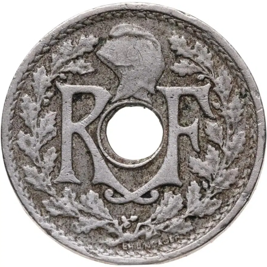 Франция 5 сантимов (centimes) 1925  Новый тип: Отверстие в центре, реверс