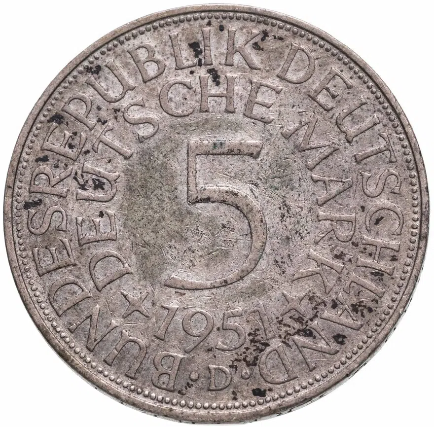 Германия 5 марок (deutsche mark) 1951 D  знак монетного двора: "D" - Мюнхен, реверс
