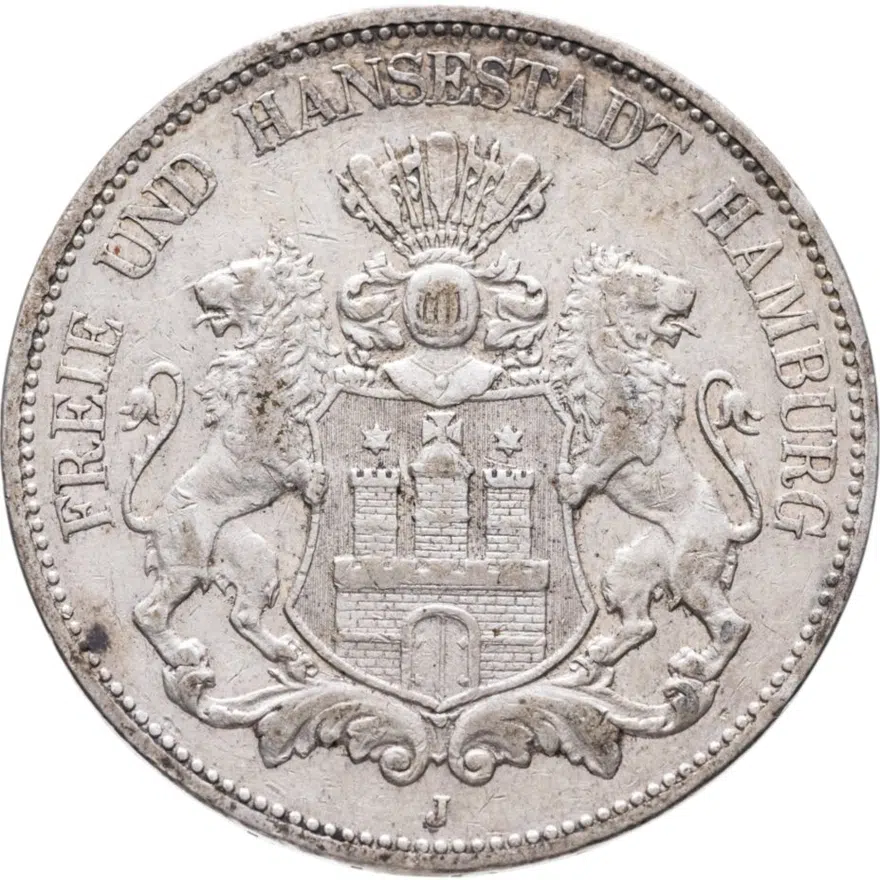 Германия (Империя) 5 марок (mark) 1901 J Гамбург, аверс