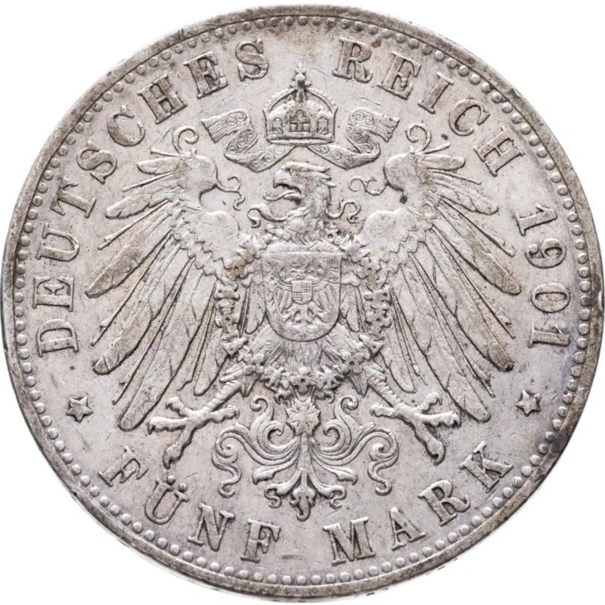 Германия (Империя) 5 марок (mark) 1901 J Гамбург, реверс