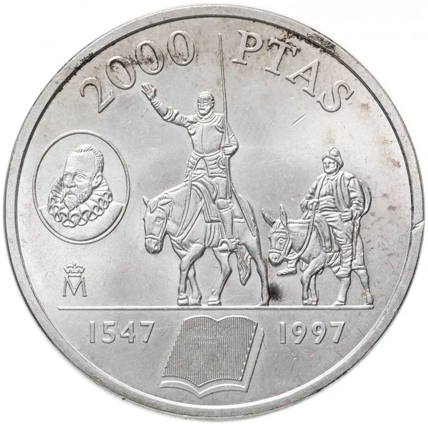 Испания 2000 песет (pesetas) 1997 450 лет со дня рождения Мигеля Сервантеса, аверс