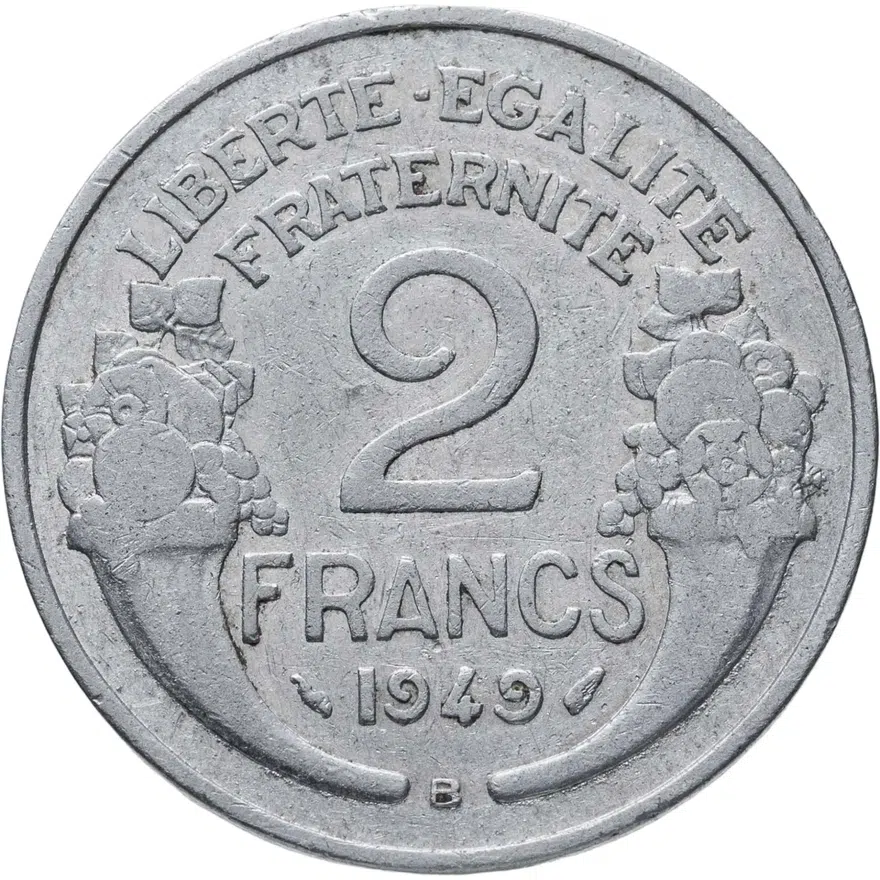 Франция 2 франка (francs) 1949 B  знак монетного двора: "B" - Бомон-ле-Роже, аверс