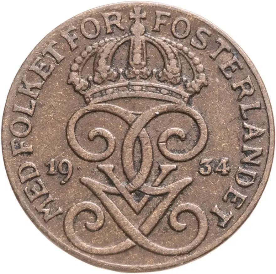 Швеция 1 эре (ore) 1934, реверс
