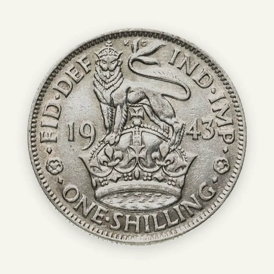 Великобритания 1 шиллинг (shilling) 1943  Английский шиллинг - лев, стоящий на короне